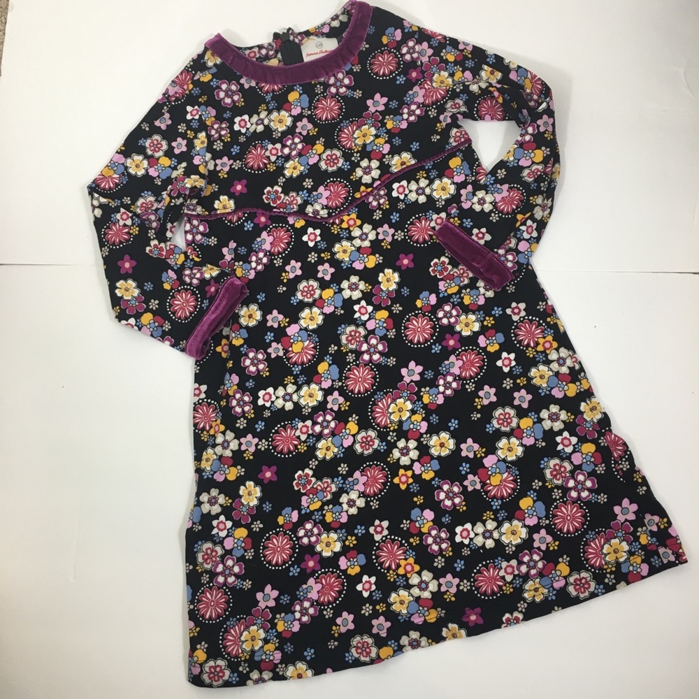 Hanna Andersson Floral Velvet Trim Long Slv Dress
